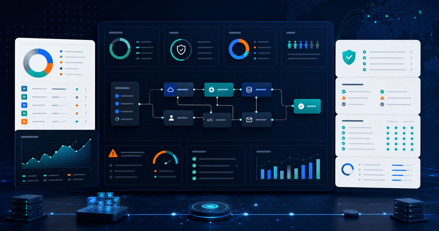 Modernization audit dashboard with workflow map, software review panels, security checks, and opportunity indicators