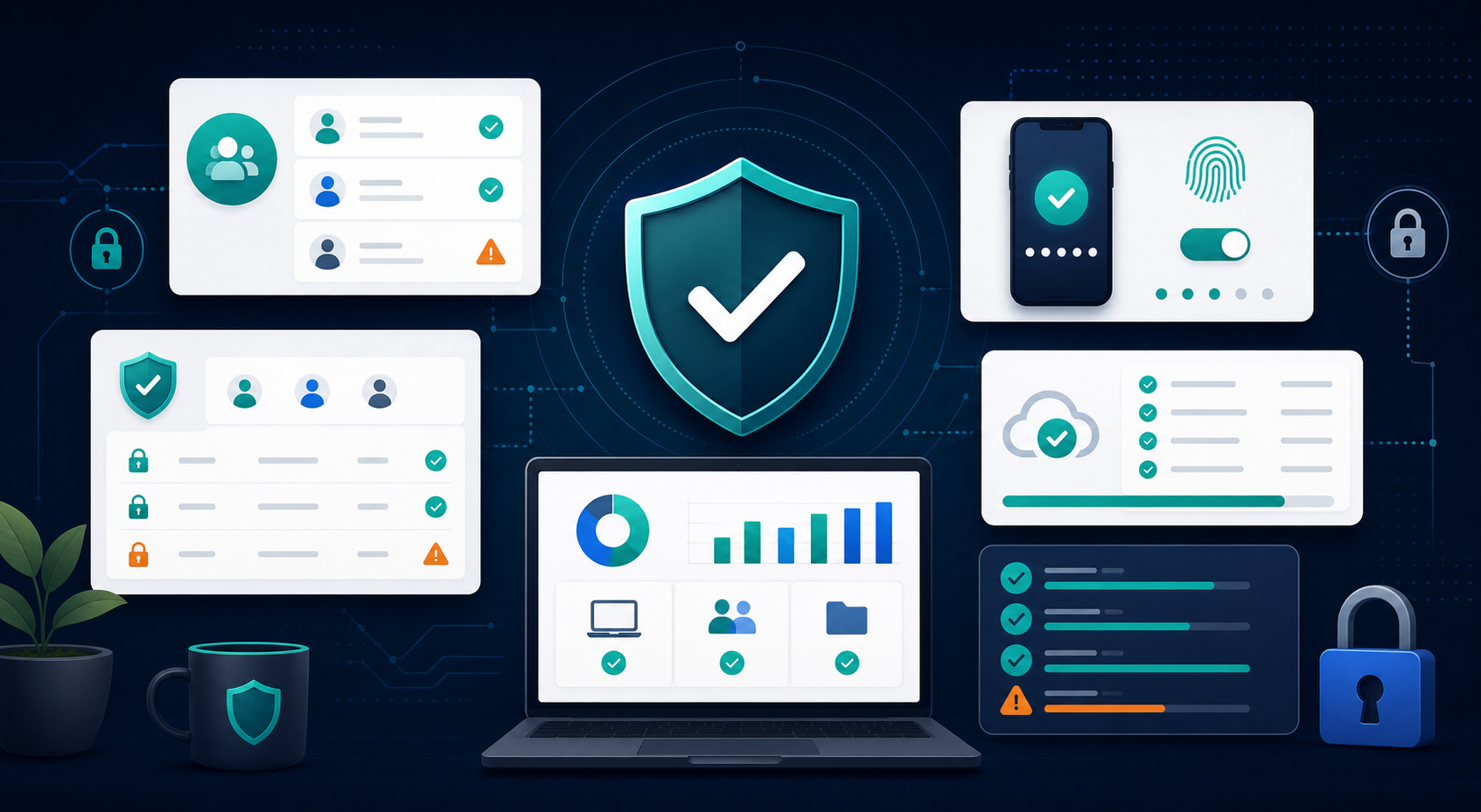 Security cleanup dashboard with shield, MFA, backup, access control, and risk checklist visuals